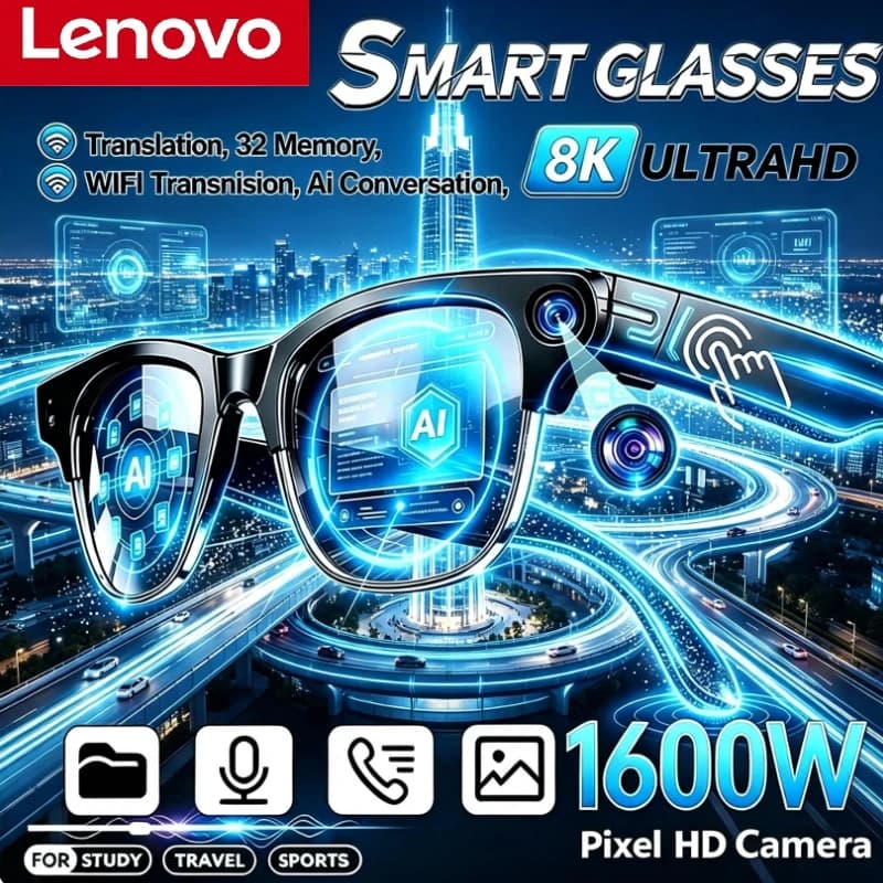 Lenovo AI Smart Glasses 1600W Pixel Camera Video Recording Bluetooth Call AI Photo Recognition Voice Translation Sunglasses New