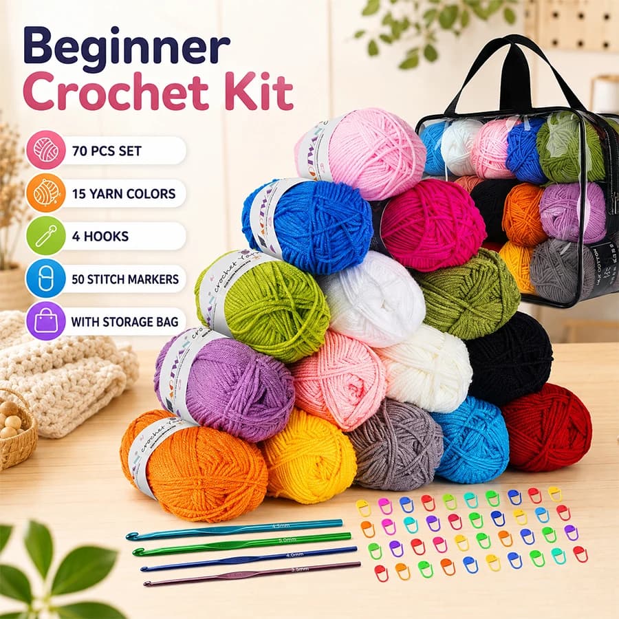 Beginner Crochet Kit 70/83Pcs Crochet Hooks Set with Yarn Balls Stitch Markers Storage Bag DIY Hand Knitting Craft Tools for Adu