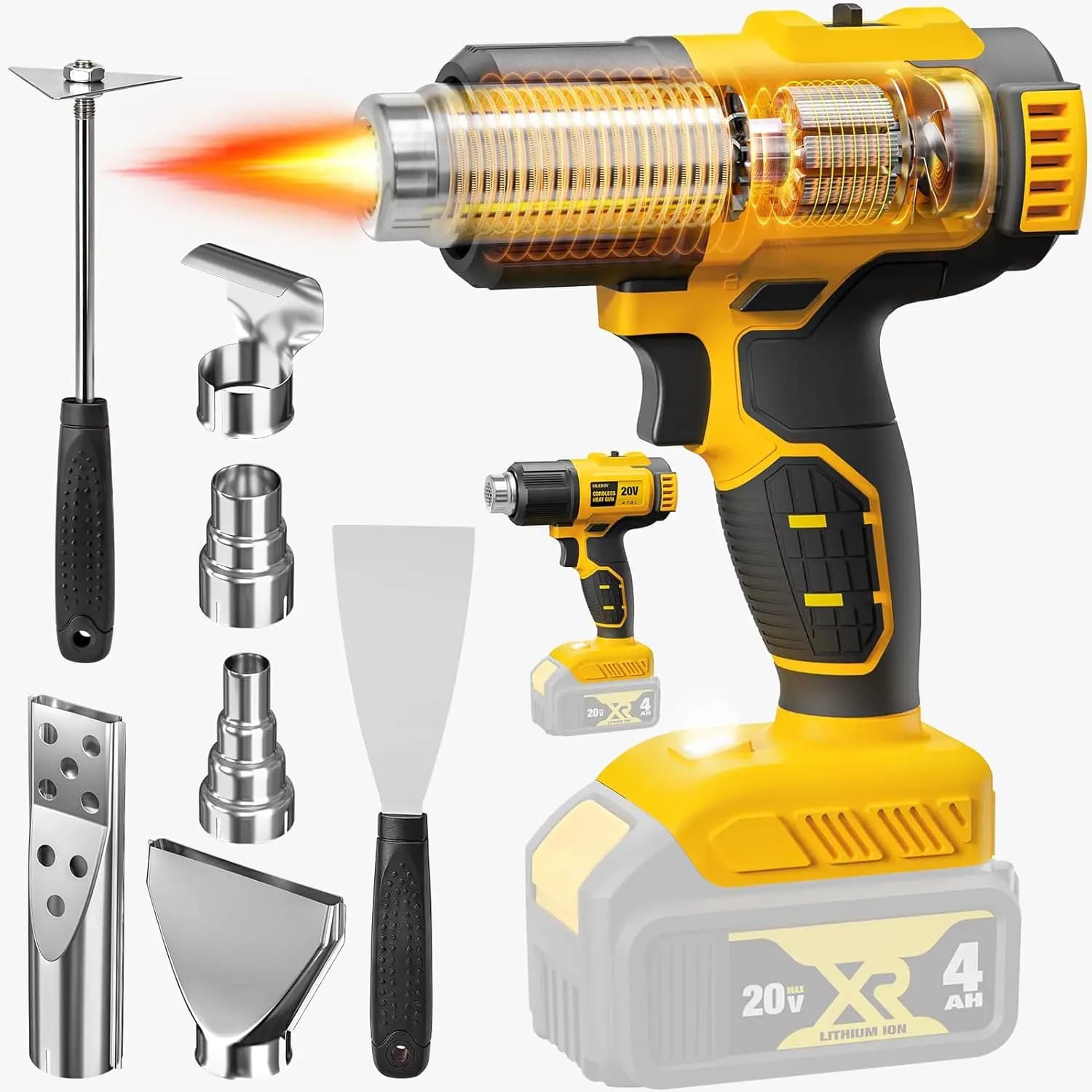 Cordless Heat Gun Compatible with 20V Battery, 7 Nozzles and Scraper Set, LED Light, 350W Fast Heating Hot Air Gun for Soldering, 2 Temperature Settings up to 990°F (532°C), Heat Gun for Shrink Tubing and Crafts (Tool Only)