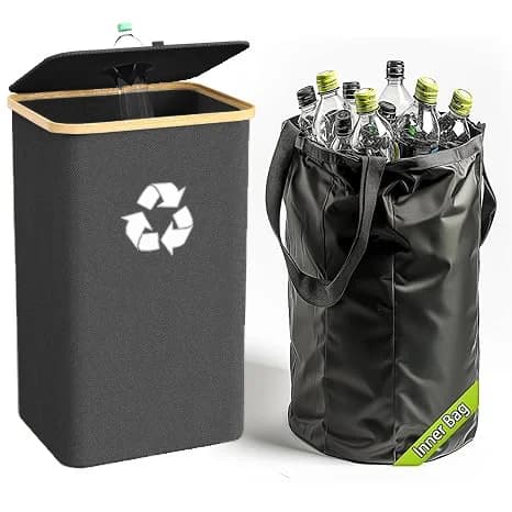 Bidone per Riciclaggio da 100L con Coperchio, Cestino Nero con Simbolo Riciclo, Contenitore a Doppio Scomparto per Lavanderia e Rifiuti per Cucina