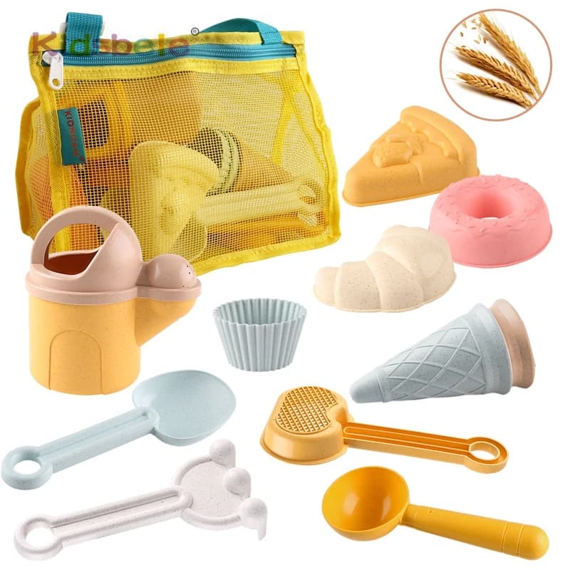 Set di giocattoli da spiaggia per scavare nella sabbia, 11 pezzi, in paglia di grano, per giochi estivi all'aperto in spiaggia, con borsa a rete, regalo da viaggio per bambini piccoli