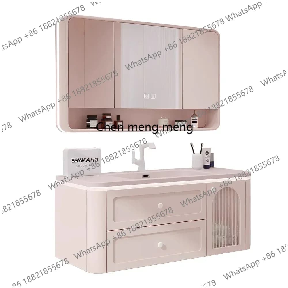 Mobile da bagno francese in quercia con sensore skin rosa, con specchio per lavabo, lavabo in ceramica integrato, combinazione di mobili da bagno