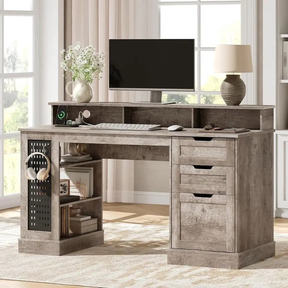 Desk Directional 55 with 2 Drawers, Shelves at 3 Levels, Charging Station and Monitor Support, Grigia