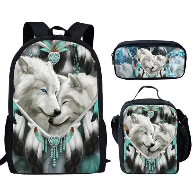 Hip Hop Harajuku Moon Wolf 3pcs/Set Backpack 3D Print Student Large Capacity Bag Travel Laptop Daypack Lunch Bags Pencil Case E
