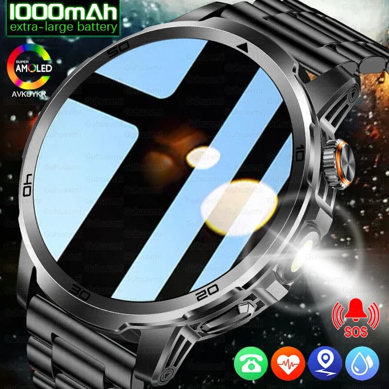 New Military Smartwatch for Adults 2026, 1000mAh Battery, 10ATM Waterproof, Flashlight, SOS, Sports Tracker, Men's Smartwatch