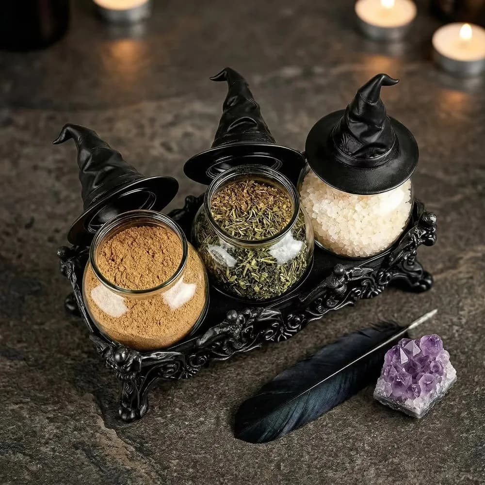Creative Glass Apothecary Spice Jar Set Witch Hat Lid Vintage Witch Spice Jar Gothic Style Spice Container Coffee