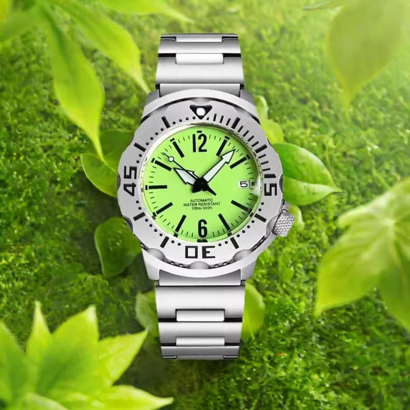 Orologio Meccanico da Uomo Tandorio in Acciaio Argento 42mm con Vetro Zaffiro Verde Monster, Impermeabile 100m, Lume Verde, Movimento Giapponese NH35