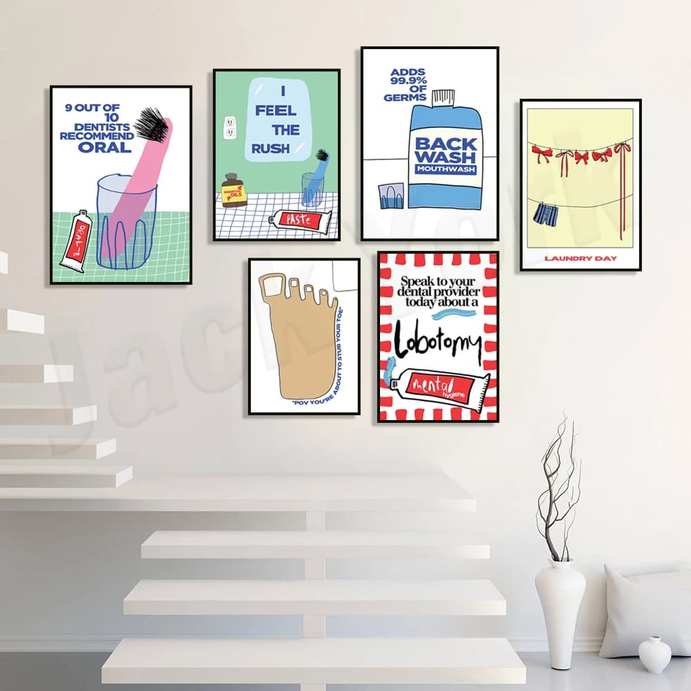 Feel Bath Sprint Art, collutorio anti, stampe per la raccolta delle dita dei piedi, fiocco rosso, arte del bucato, spazzolino da denti, arte della salute orale, poster per ragazze,