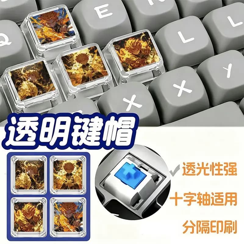 Demon Slayer Zenitsu keycap, cute cartoon cross-axis custom mechanical keyboard, transparent PC keycap, gift for friends