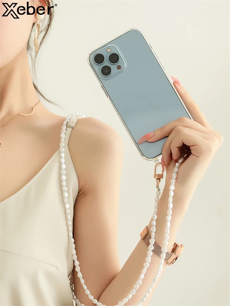 Custodia a tracolla di lusso con cordino per gioielli con catena di perle Custodia trasparente per iPhone 16 15 14 12 11 13 Pro Max XS 8 Plus Cover