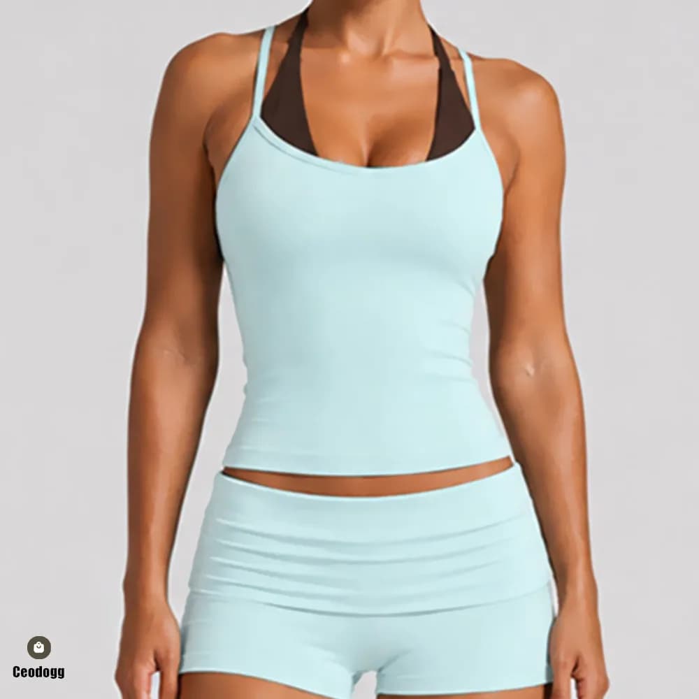 Pad Women Block Dot Halter Double Strap Yoga Bra Sports Bra Fake Two Piece Running Cinching Tank Tops Gym Vest Active Wear XP80