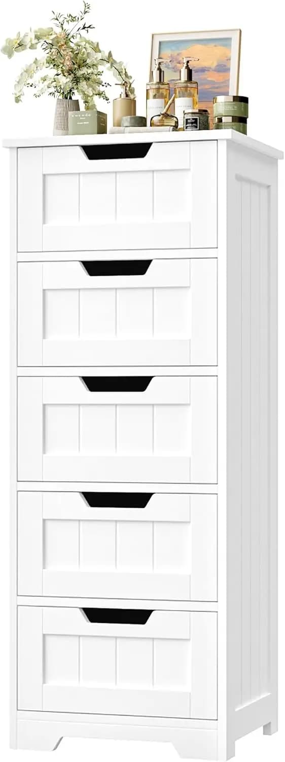 Mobiletto da bagno in legno a 5 cassetti con maniglie a incasso, 11,8” x 15,7” x 40,1”, bianco per corridoio/soggiorno
