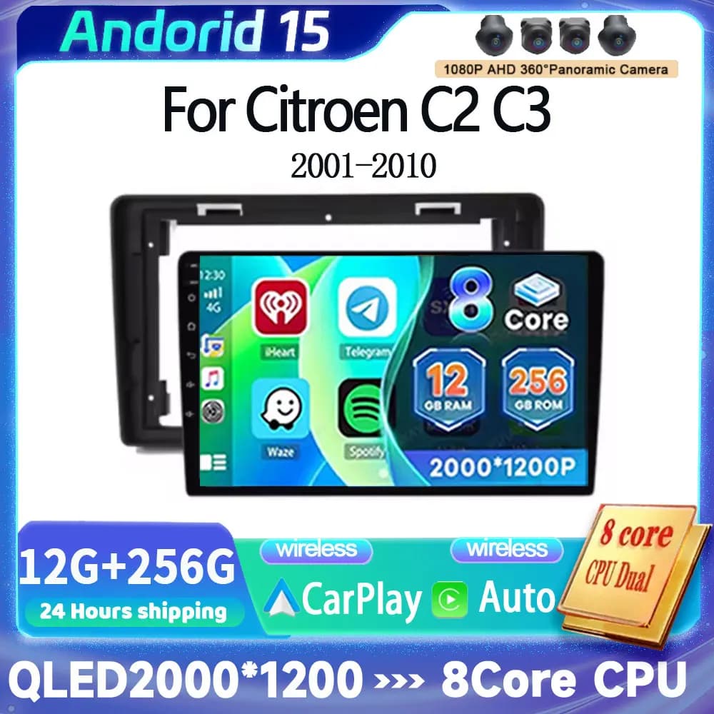 Android 15 Wireles Carplay Per Citroen C2 C3 2001 2002 2003 - 2010 Autoradio Lettore Multimediale di Navigazione Touch Screen Auto 2Din