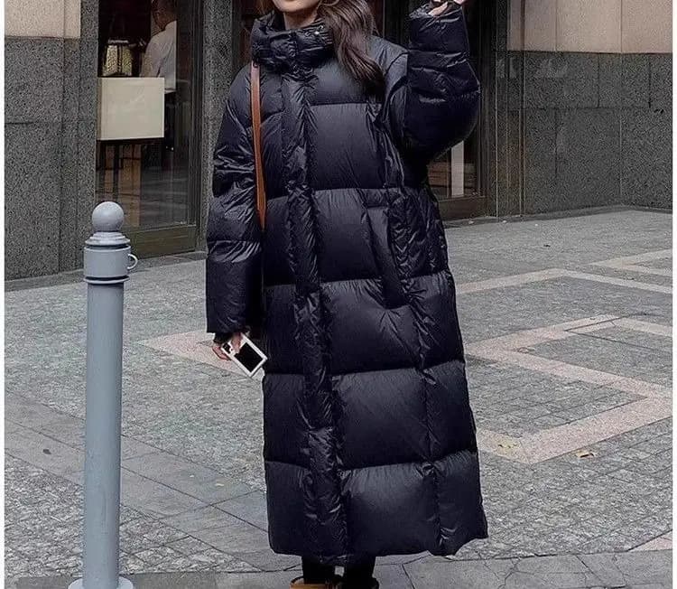 2025 Winter New Style Black and Gold Thick Knee-Length Cotton Coat Jacket