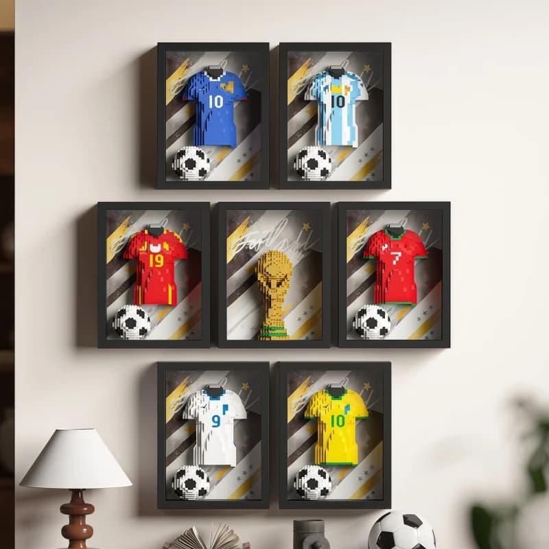 Set di 7 Stili di Blocchi da Costruzione a Tema Calcio, Modelli di Maglie da Calcio e Trofei con Cornice, Decorazione Sportiva per Tifosi