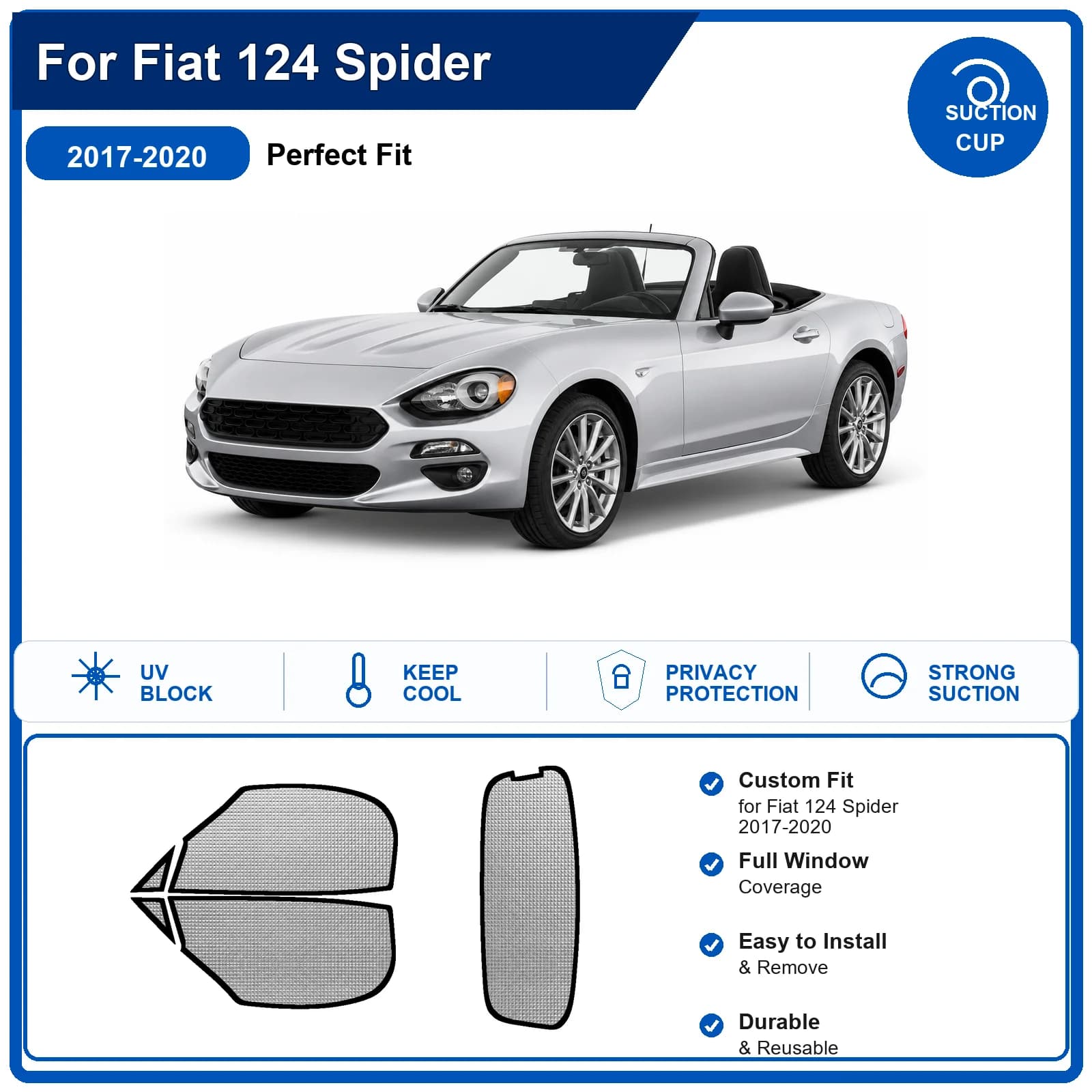 For Fiat 124 Spider 2017-2020 Custom Full Set Windshield Sun Shade Aluminum Foil Heat Insulation Anti UV Foldable