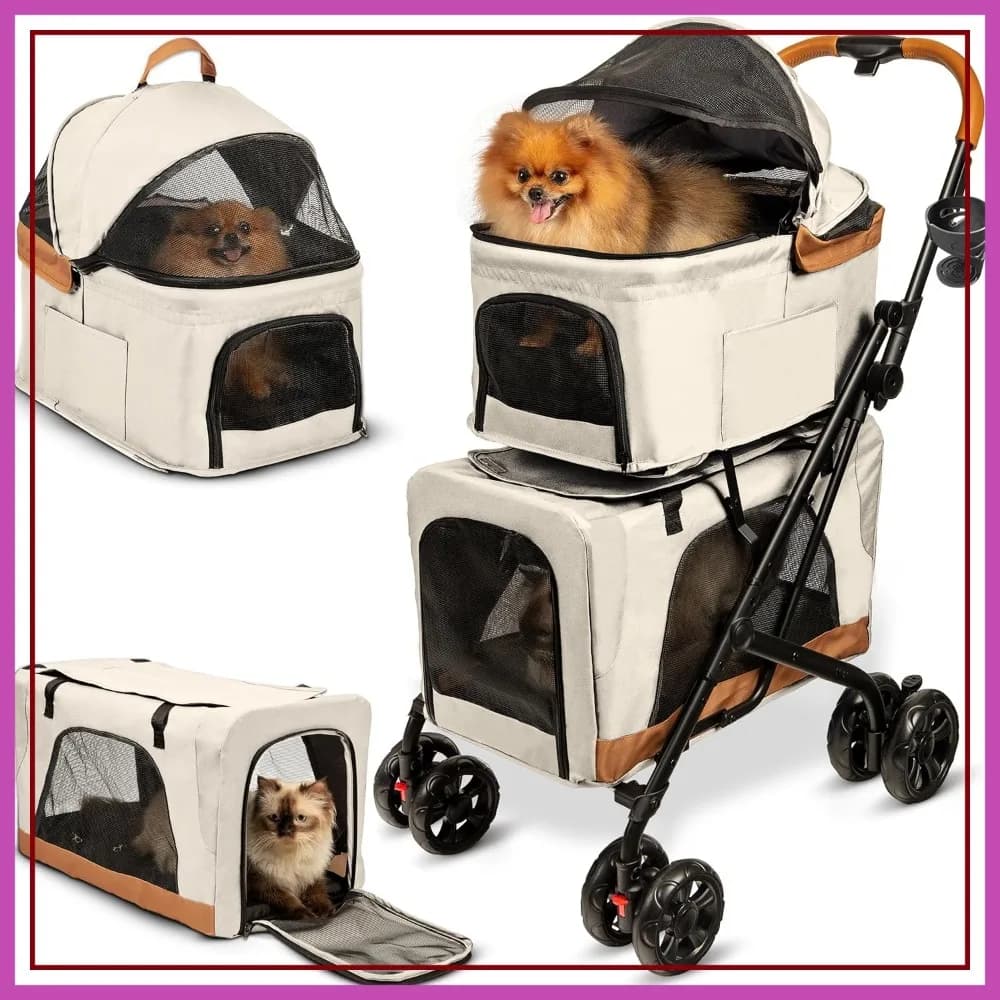 Passeggino Doppio per 2 Cani o Gatti, Trasportini Staccabili, Design Compatto, Facile Montaggio, Beige Cosmico