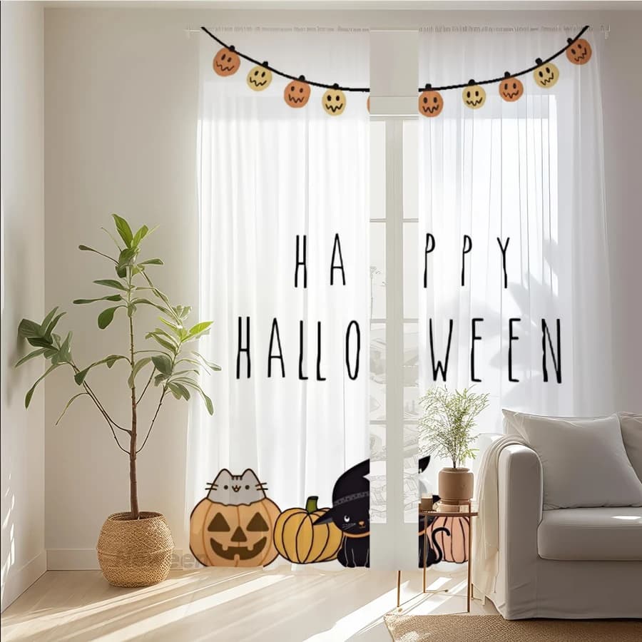2PCS Digital Print Sheer Curtain, Cute Cat Pumpkin Halloween Garland String Window Drapes for Living Room Bedroom Home Decor