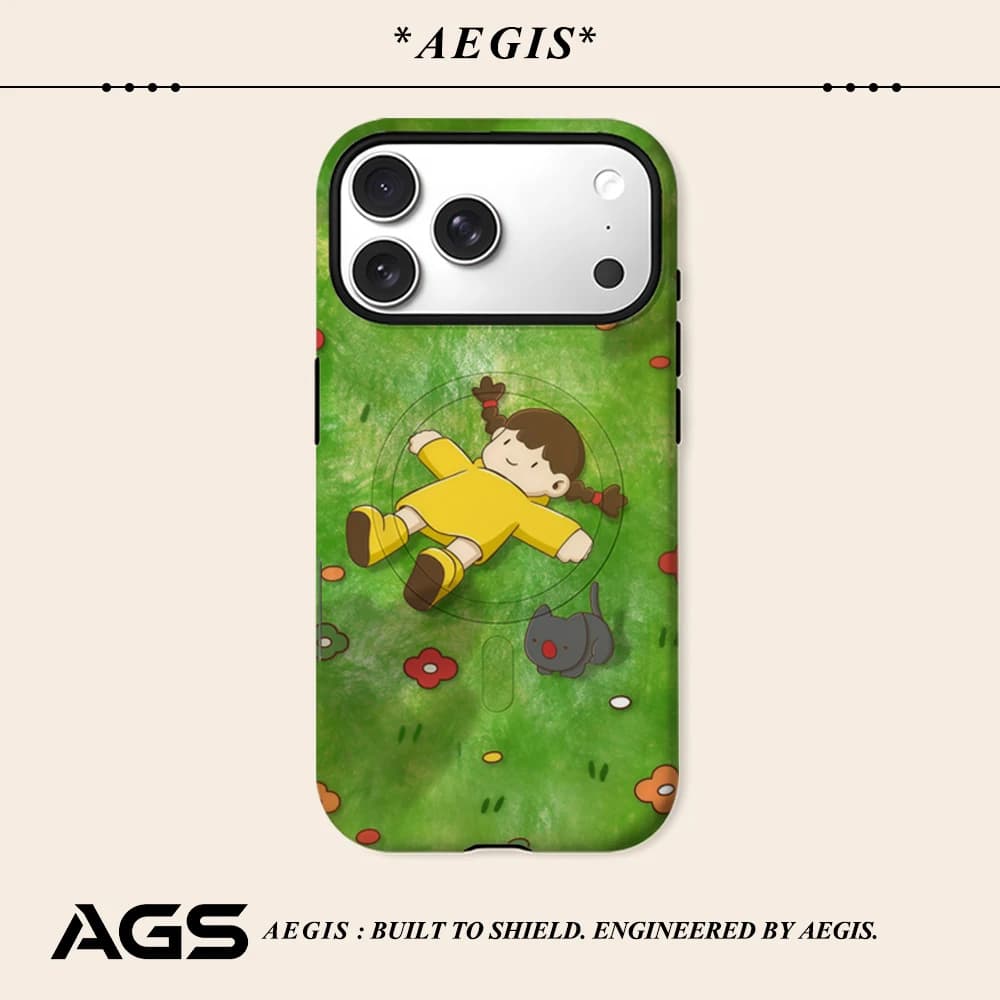 Custodia per telefono Meadow Girl & Cat per iPhone 17 16 15 14 13 Pro Max Plus, custodia rigida a strato singolo/doppio con supporto magnetico