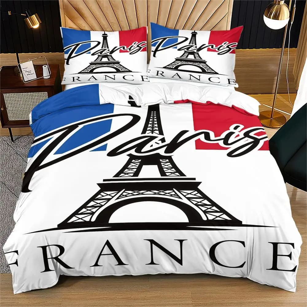 aris Eiffel Tower France Flag Print Duvet Cover Set Comforter Cover Bedding Set No Filler Travel Themed Bedroom Bedding Decor