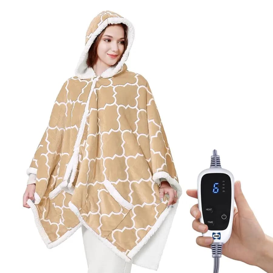 Coperta Riscaldante Indossabile, Sciarpa Elettrica in Flanella e Sherpa con Cappuccio e Tasca, 6 Livelli di Riscaldamento e 210W