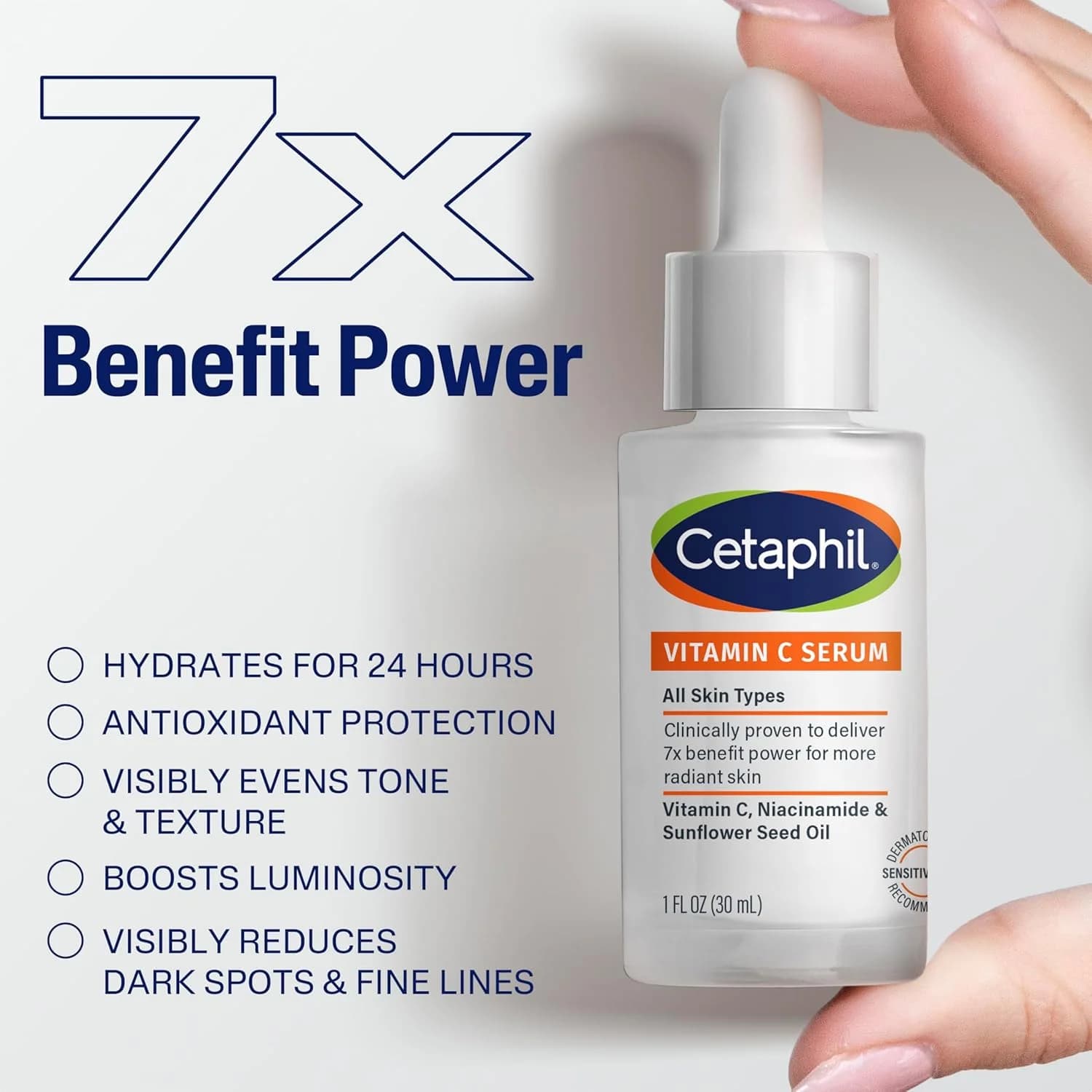 Siero Viso Cetaphil alla Vitamina C con Niacinamide, Correttore per Macchie Scure e Illuminante per Pelle Sensibile, Senza Profumo