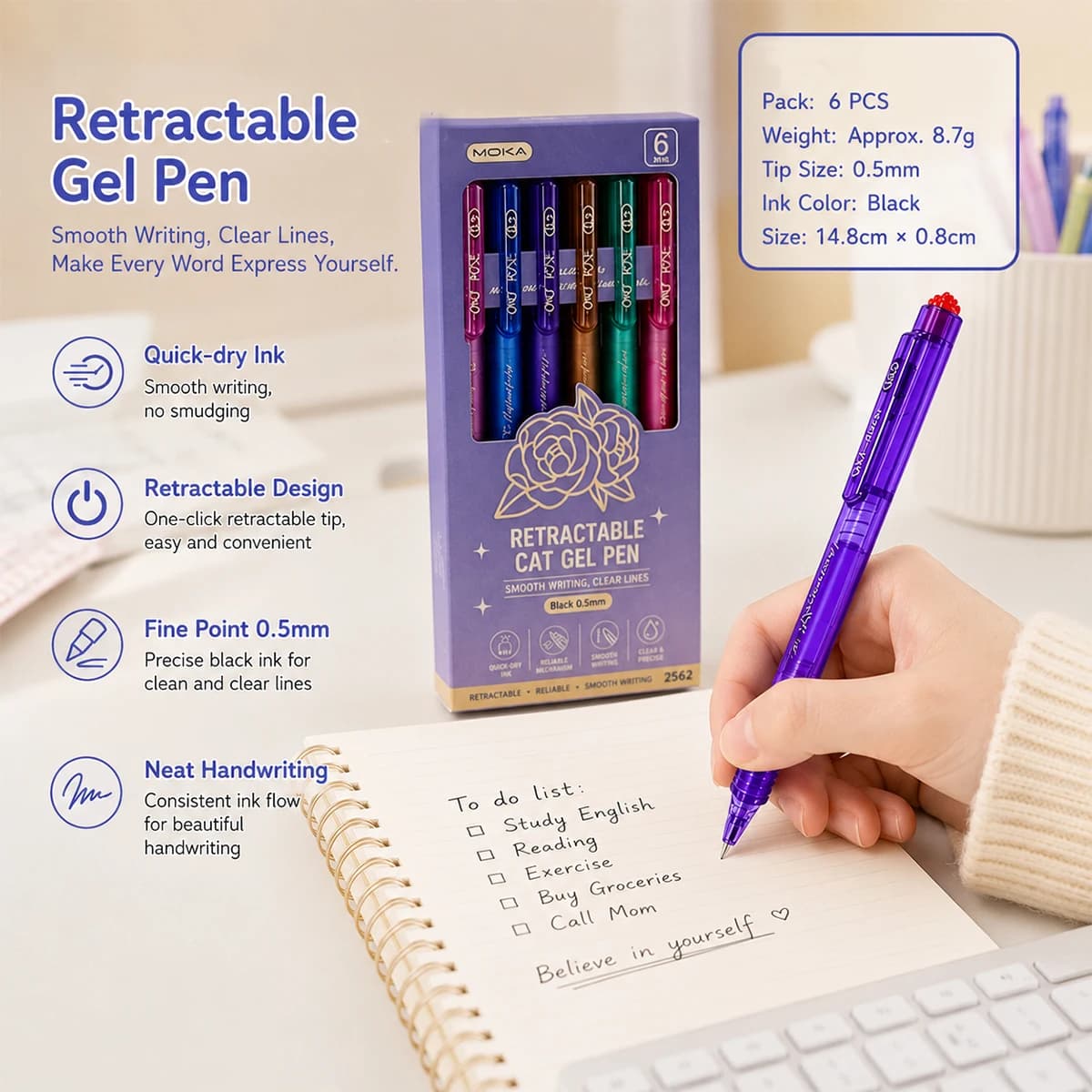 Set di Penne Gel Telescopiche Retrattili, Confezione da 6 Penne Pastello Carine con Punta Fine da 0,5 mm e Profumo di Rosa, Penne Creative a Scomparsa Divertenti per