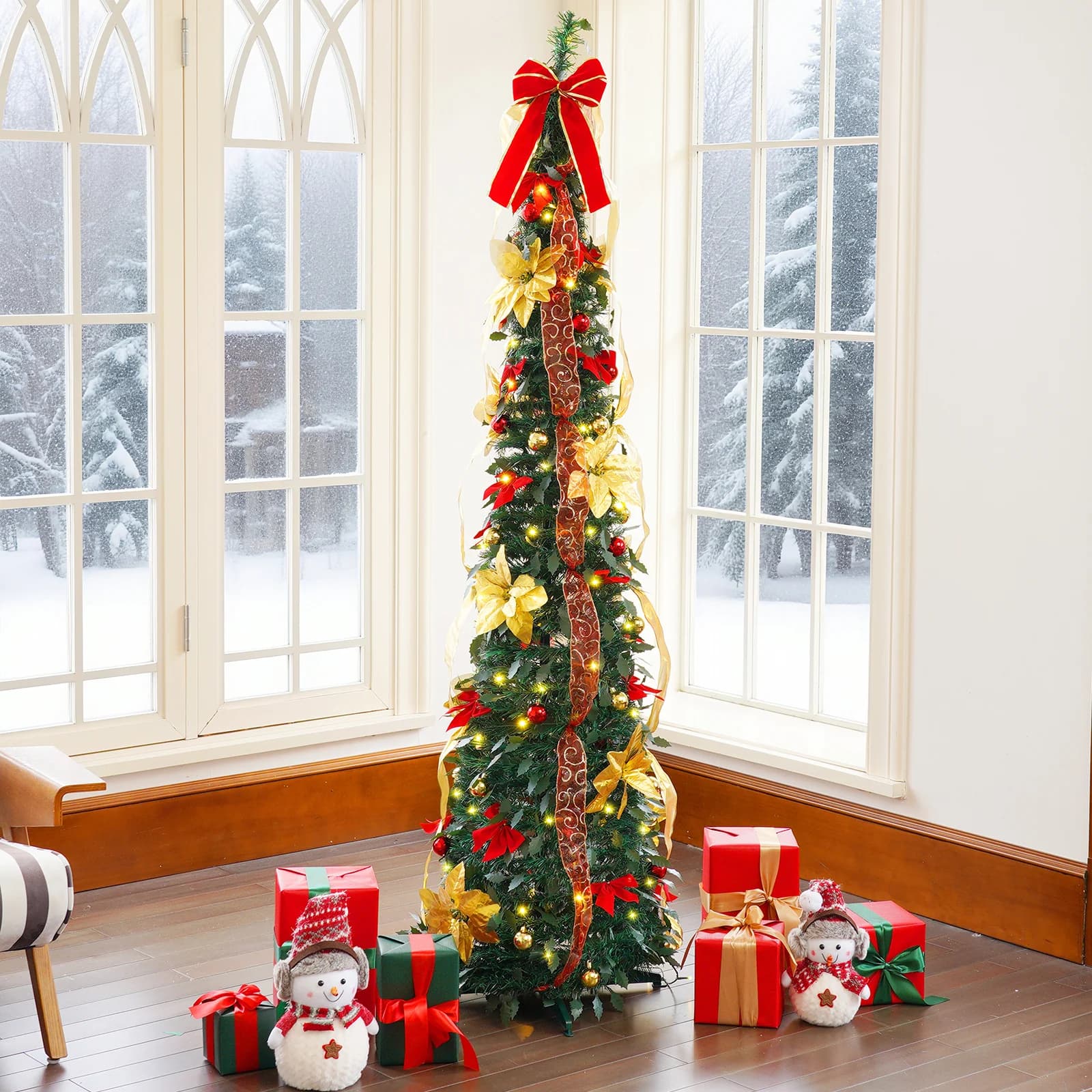 Albero di Natale a matita da 6 piedi con nastri colorati e 100 luci a LED Accessori per telecomando e ornamenti natalizi inclusi
