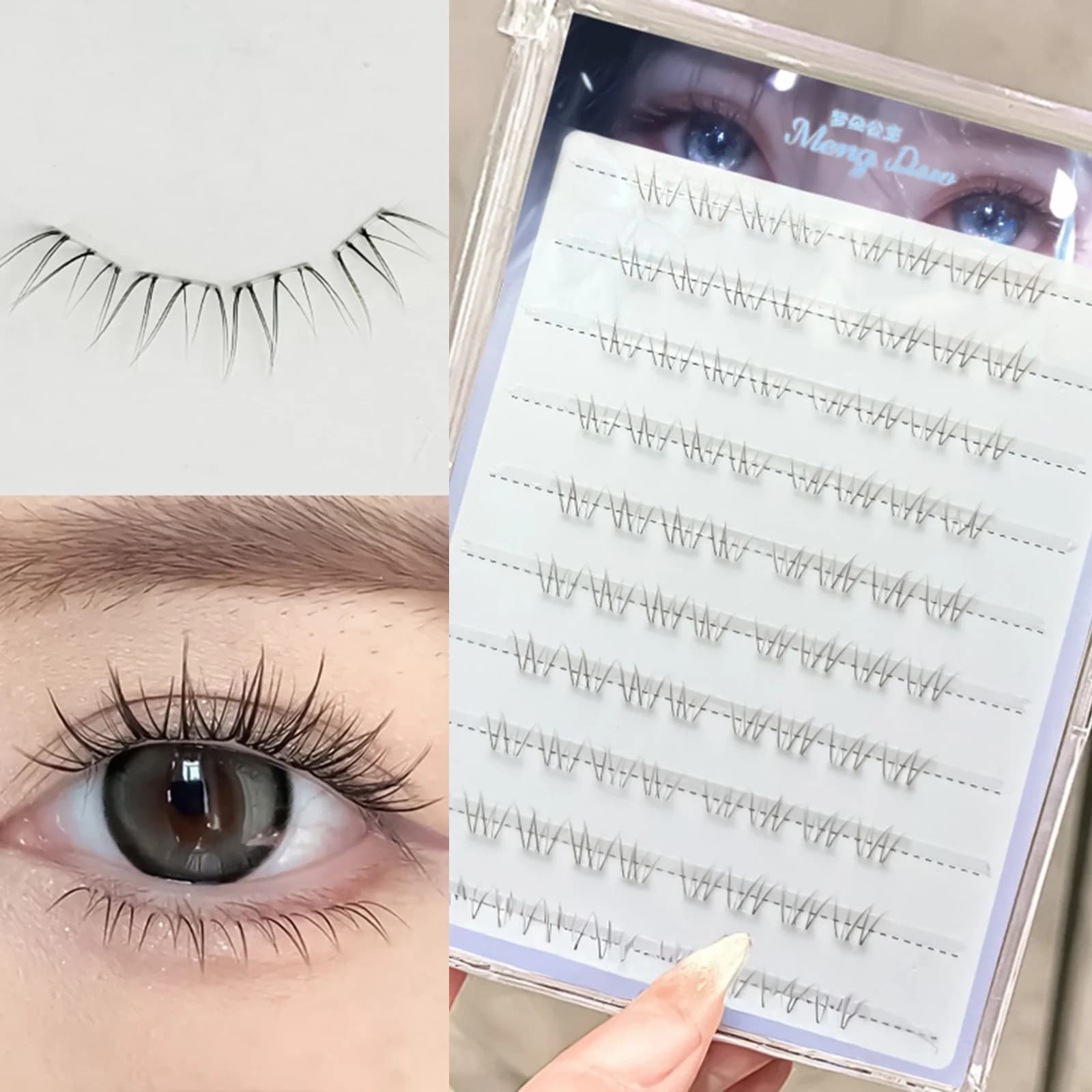 Transparent lower eyelashes with brown stem, segmented false eyelashes with natural curvature for daily make-up, to enlarge eyes