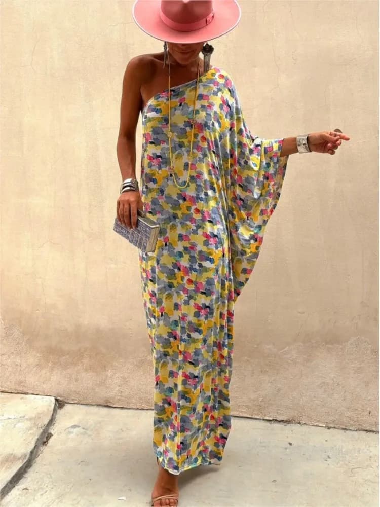 New Dress 2024 Print Collar Diagonal Long Dress Trained Women Fashion Summer Elegant Party Casual Dresses Women's Dresses