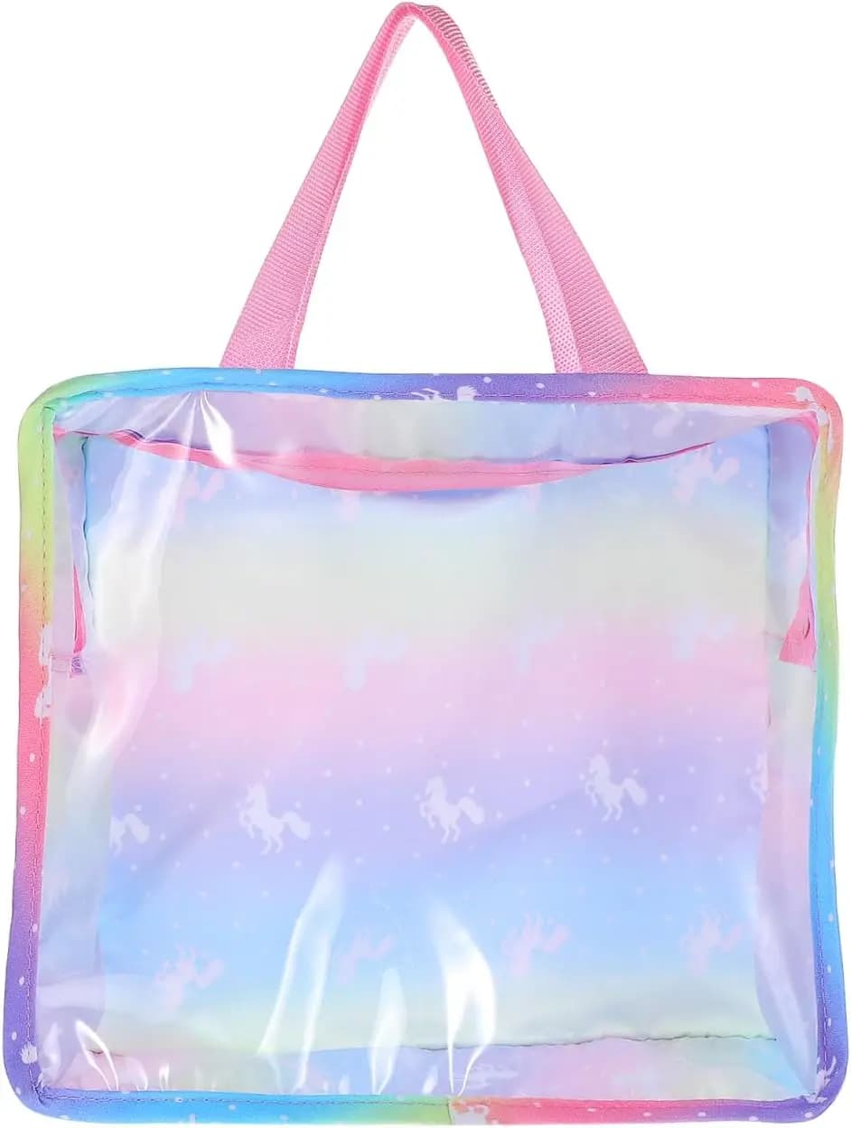 Borsa tote trasparente arcobaleno per vestiti e accessori, 9,64x8,66x3,14 pollici
