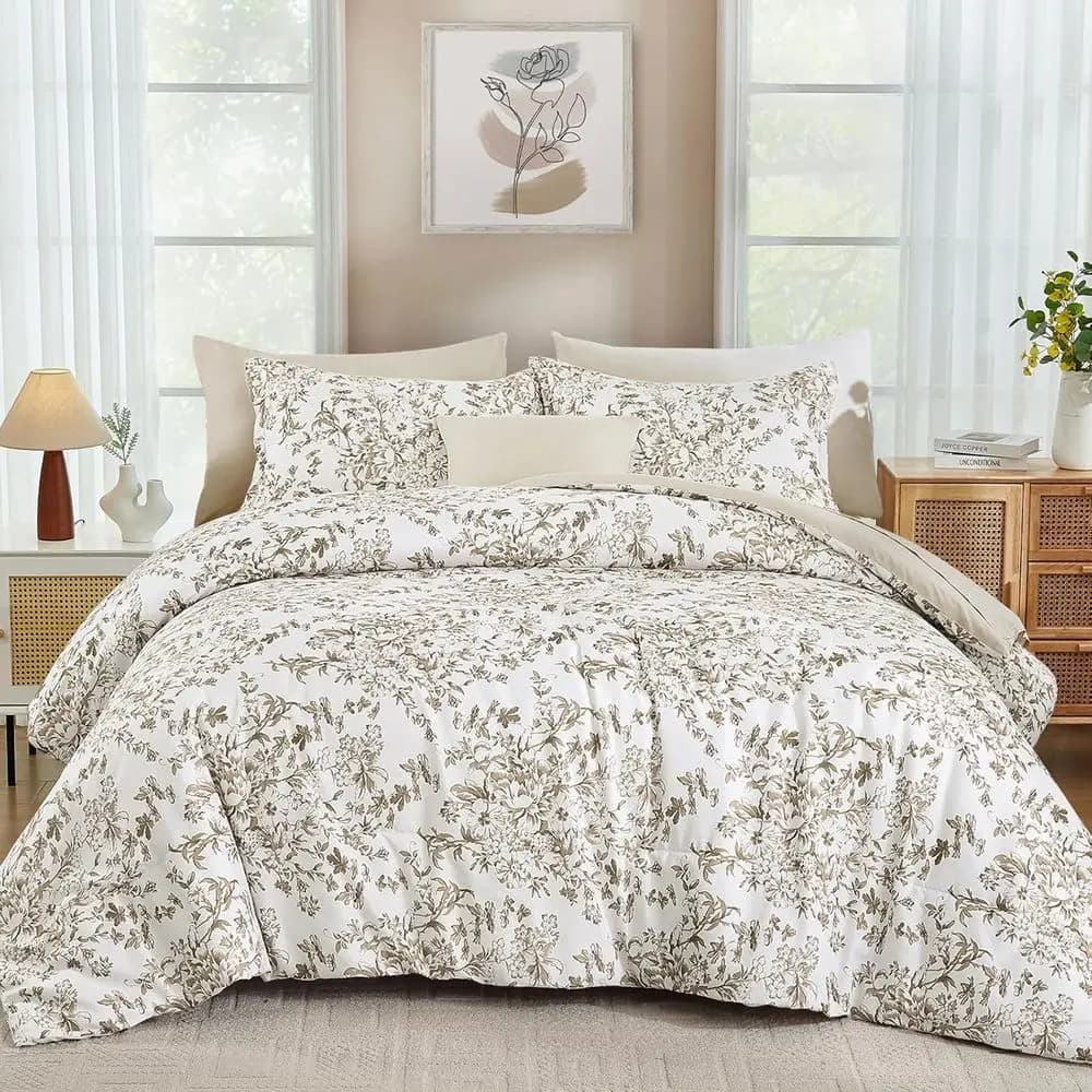 Queen Size Cover Set, 8 Brown Pieces with Botanical Floral Patterns, Light Full Bed Set in Microfiber