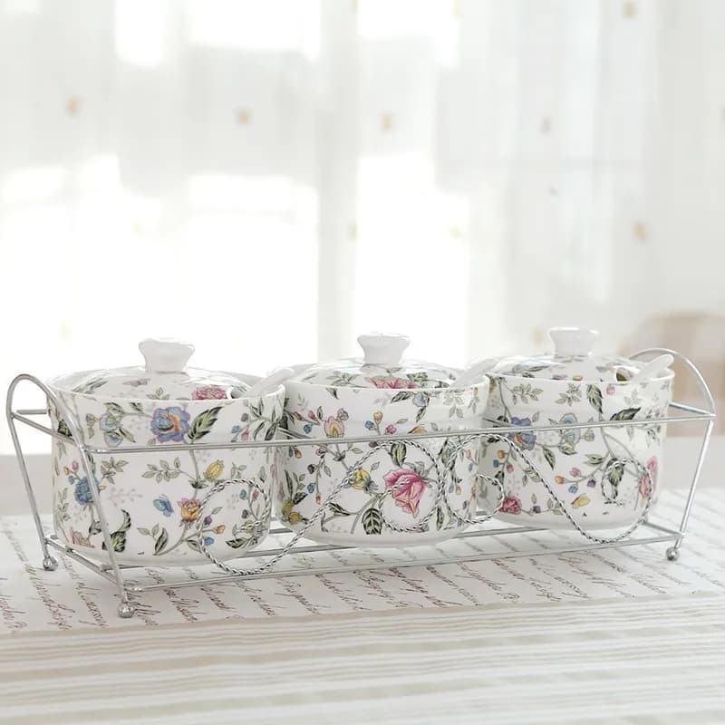 Set da 3 pezzi, barattoli di spezie in porcellana fine con coperchio e set di cucchiai, barattoli di porcellana per spezie, scatola di spezie, organizer per portaspezie, portaoggetti