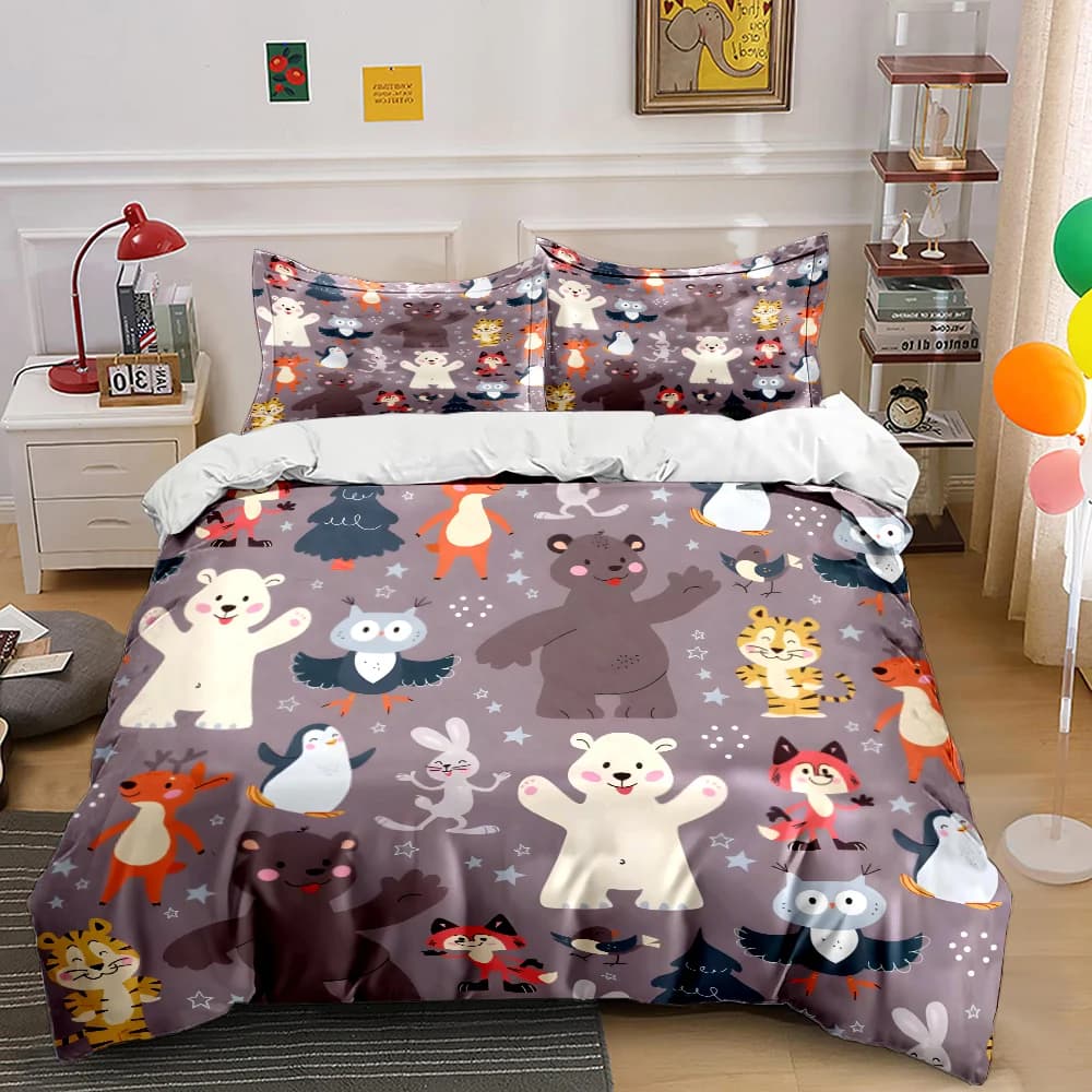 Set di biancheria da letto con stampa di orso, pinguino e volpe dei cartoni animati, 1 copripiumino, 2 federe per adulti e bambini, regalo di lusso, misura completa