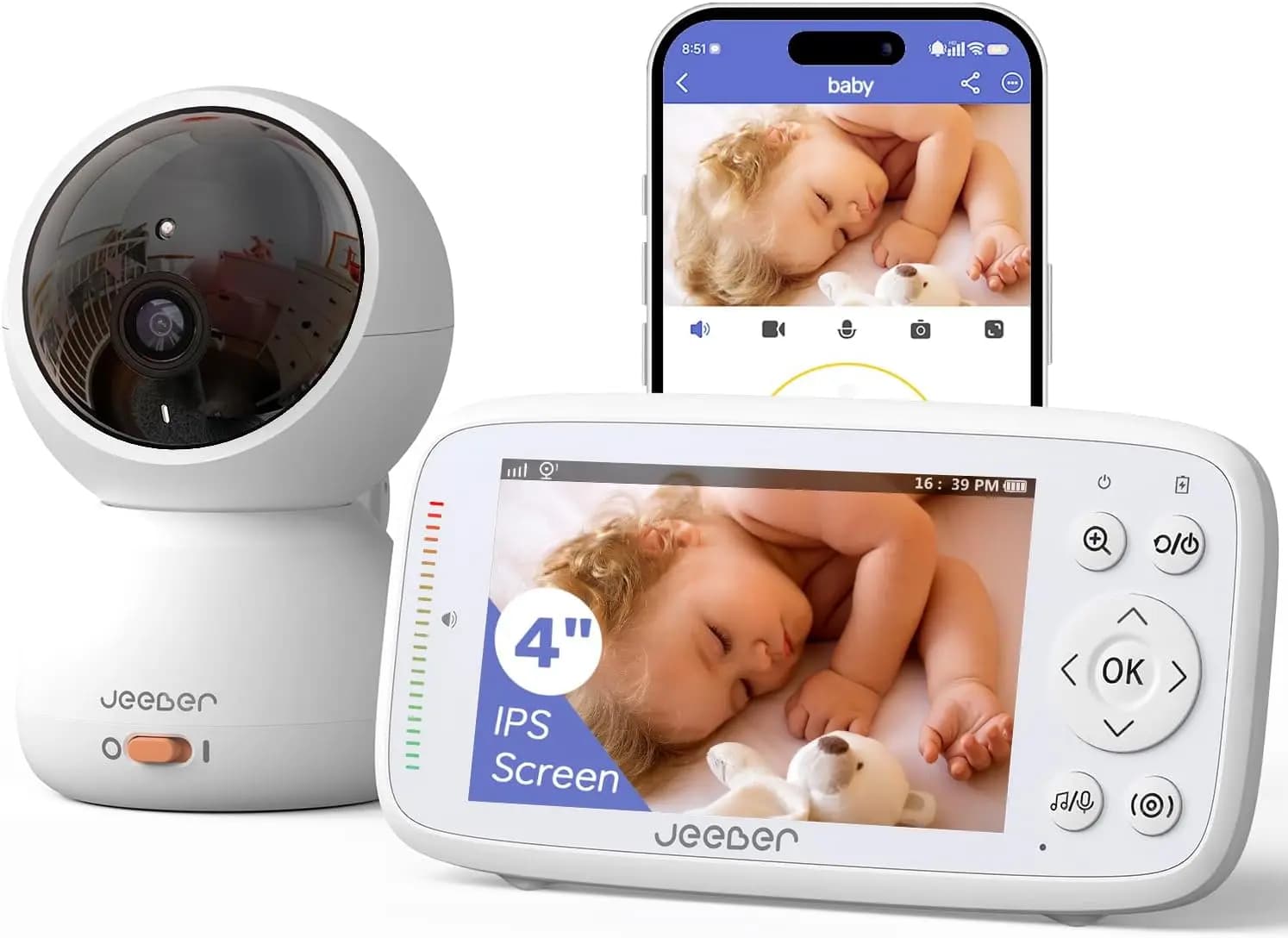Monitor per Bambini WiFi 1080P con Telecamera, Funzione Pan-Tilt-Zoom, Visione Notturna, Rilevamento Movimento e Sensore di Temperatura