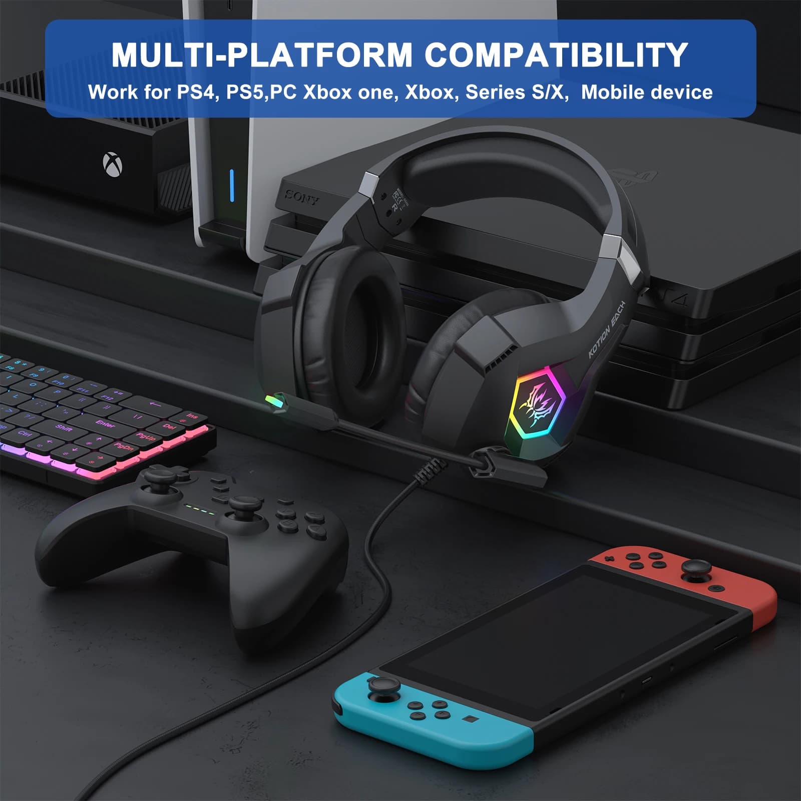 RGB Gaming Headphones with Mic Noise Cancellation Gaming Headphones for PC with surround sound for laptop PS5 PS4 Mac
