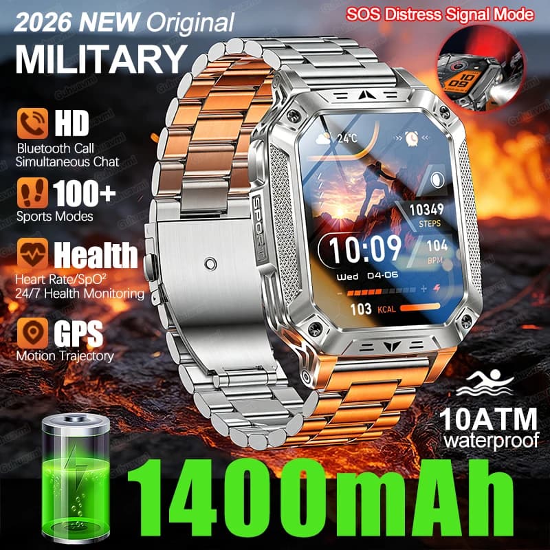 Nuovo Smartwatch Militare da Esterno 2026 per Uomo, Display AMOLED da 2.01'', Batteria da 1400mAh, Impermeabile IP69K, Torcia, Cardiofrequenzimetro, Chiamate Wireless