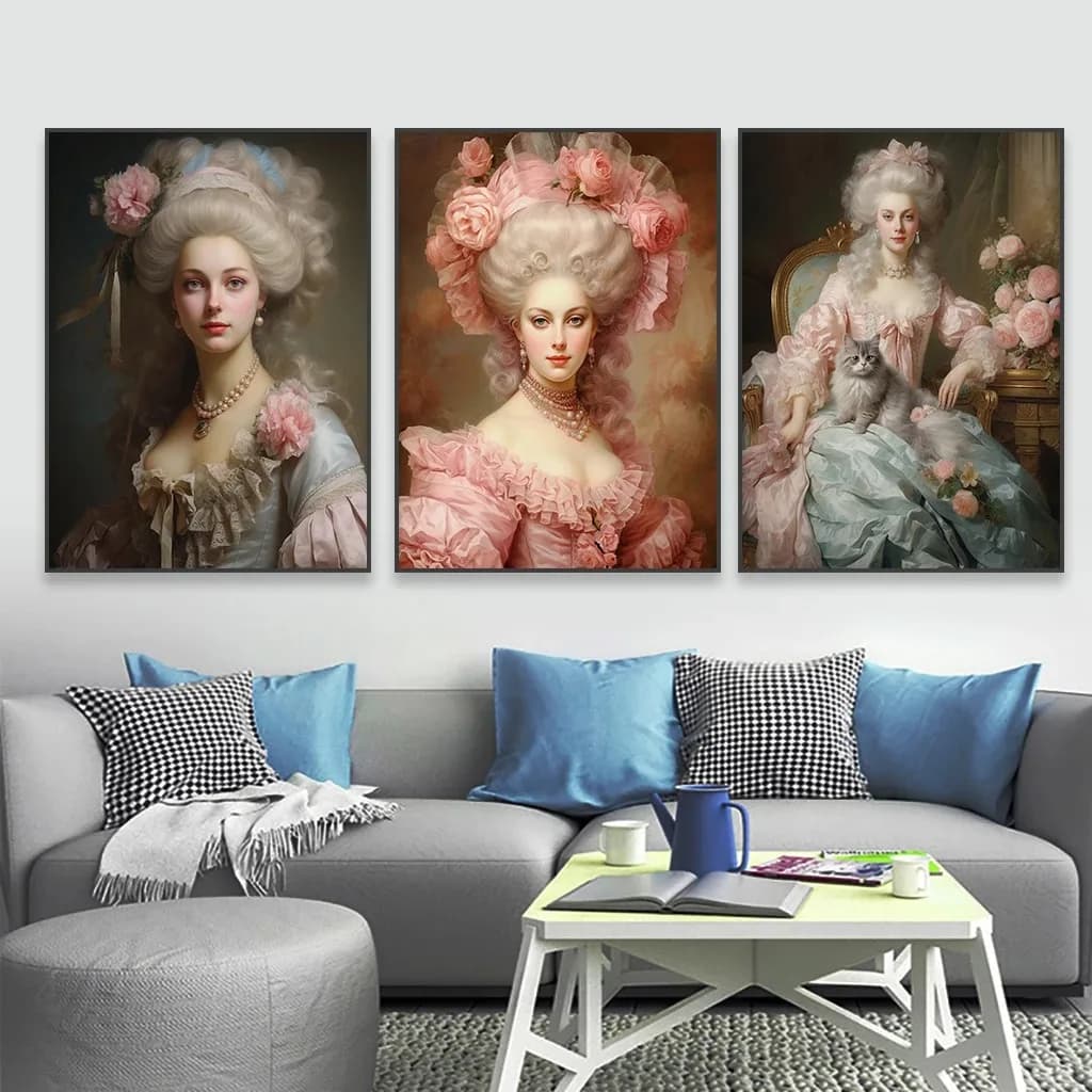 Rococo Princess Oil Painting Prints Baroque Eurasian Beauty Vintage Poster Pastel Pink Floral Rococo Lady Canvas Painting Dec