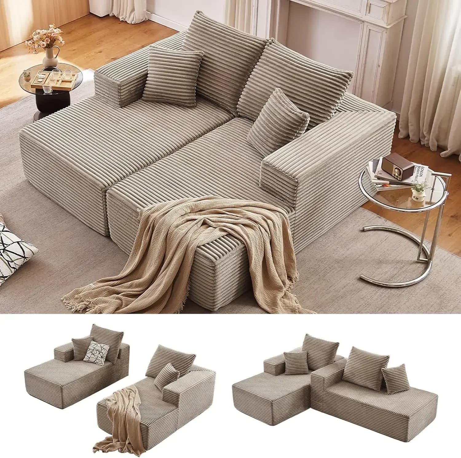 75 Oversized Chaise Lounge Chair Sectional Double Lounge Chaise with Pillows Upholstered Corduroy Boneless Lounge Chair Fluffy