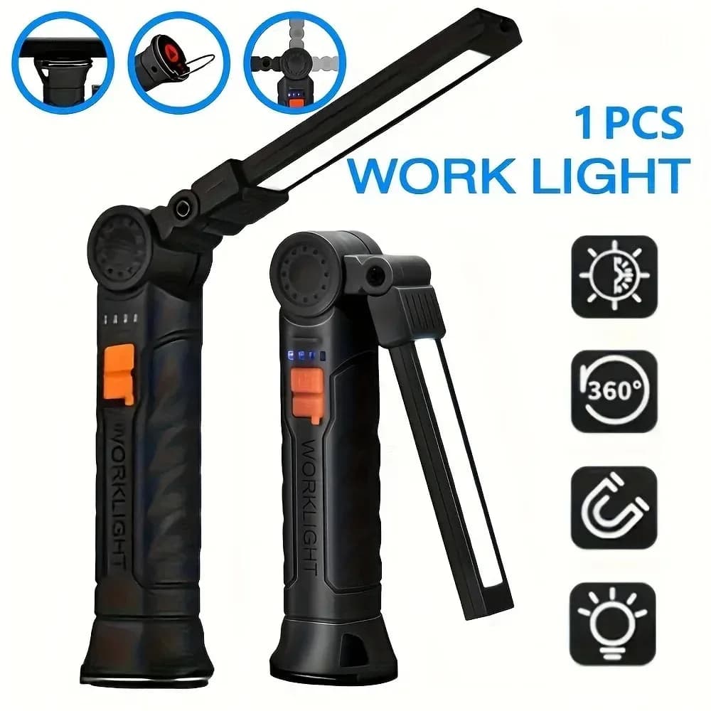 Torcia portatile a LED COB, ricaricabile tramite USB, luce da lavoro magnetica, lanterna da appendere con batteria integrata, torcia da campeggio