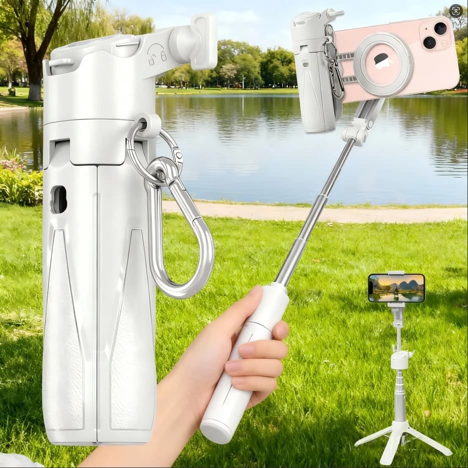 Magsafe tripod holder for iPhone, pocket portable selfie stick with rechargeable remote control and metal ring, extendable and detachable phone tripod, compatible with iPhone/Android (white)