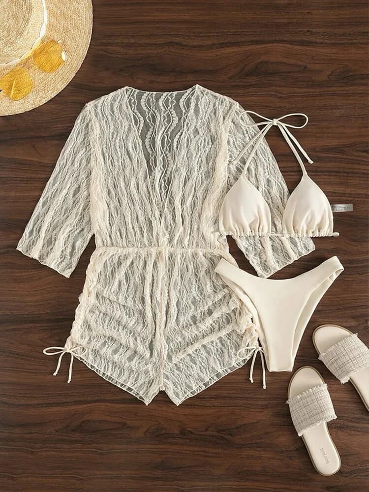 Nuovo costume da bagno in vendita calda con maniche lunghe in rete con stampa Cinch e coulisse in tre pezzi con protezione solare alla moda