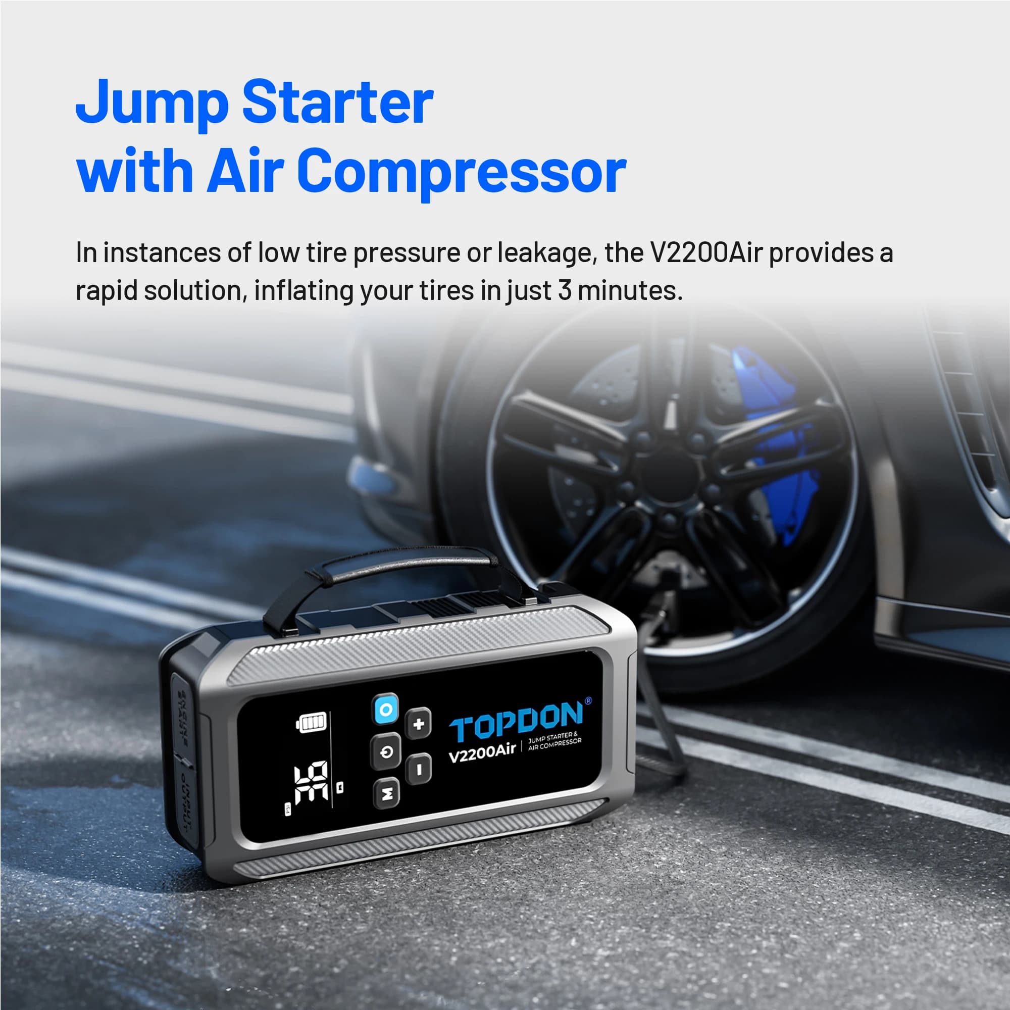 TOPDON V2200 Air 2-in-1 Avviatore di Emergenza e Gonfiatore Pneumatici, Booster Batteria Portatile con Super Condensatore, Avviatore PD45W con Pompa d'Aria