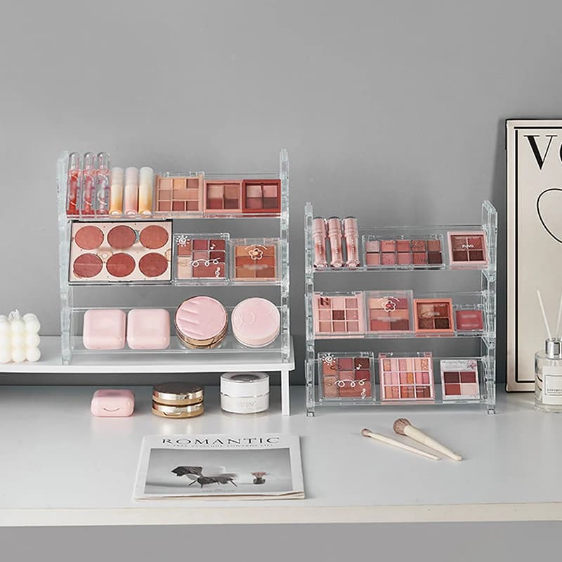 Organizzatore Cosmetico in Acrilico Multistrato, Espositore da Scrivania a 3 Livelli, Porta Trucchi per Ombretti e Blush, Contenitore Creativo per Oggetti Vari