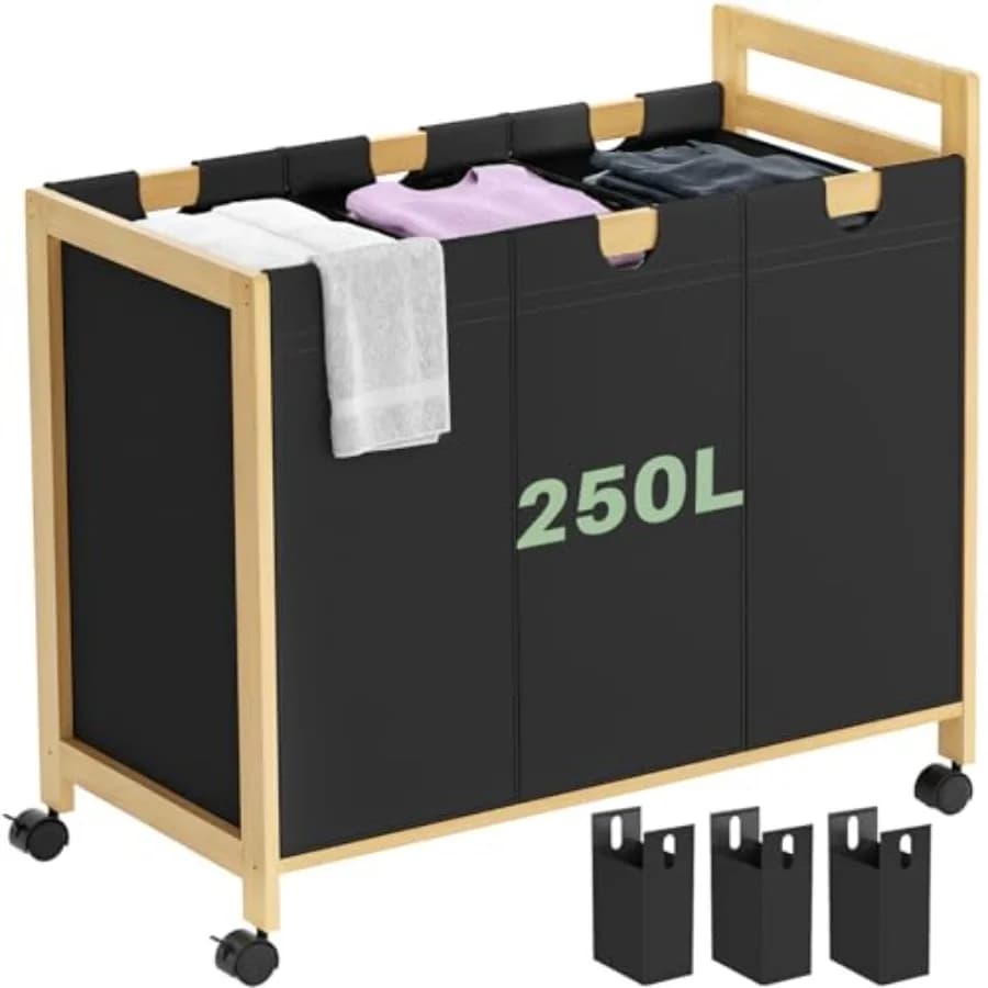 Carrello Portabiancheria da 250L con Ruote per Uso Domestico, Cesto Portabiancheria a 3 Scomparti con Sacchi Rimovibili, Cesto Portabiancheria Grande da 66 Galloni