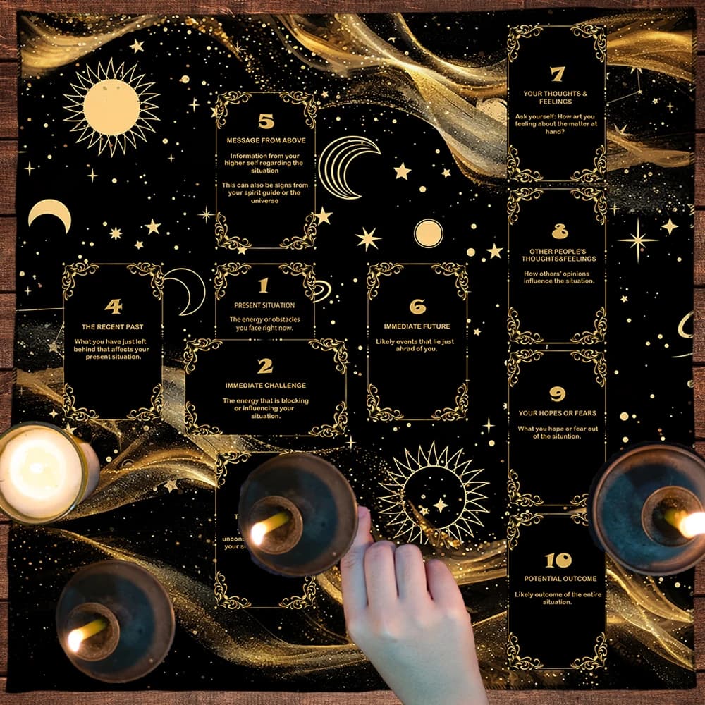 Tovaglia per tarocchi con cielo stellato, sole dorato e luna, tovaglia per altare, tovaglia per divinazione con croce celtica, per tappetino per tarocchi, Witchy Home
