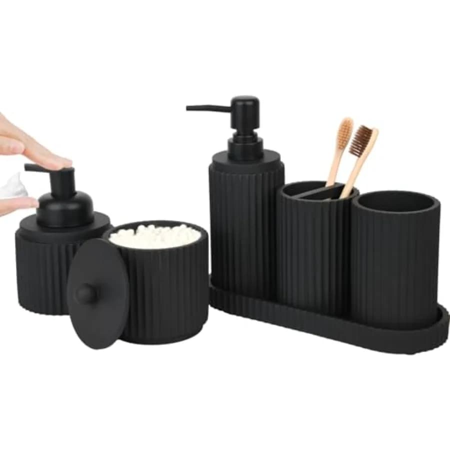 Set di Accessori per Bagno Neri 6 Pezzi - Portaspazzolino, Dispenser per Sapone Liquido, Dispenser per Sapone Schiumogeno, Porta Bastoncini Q-tip