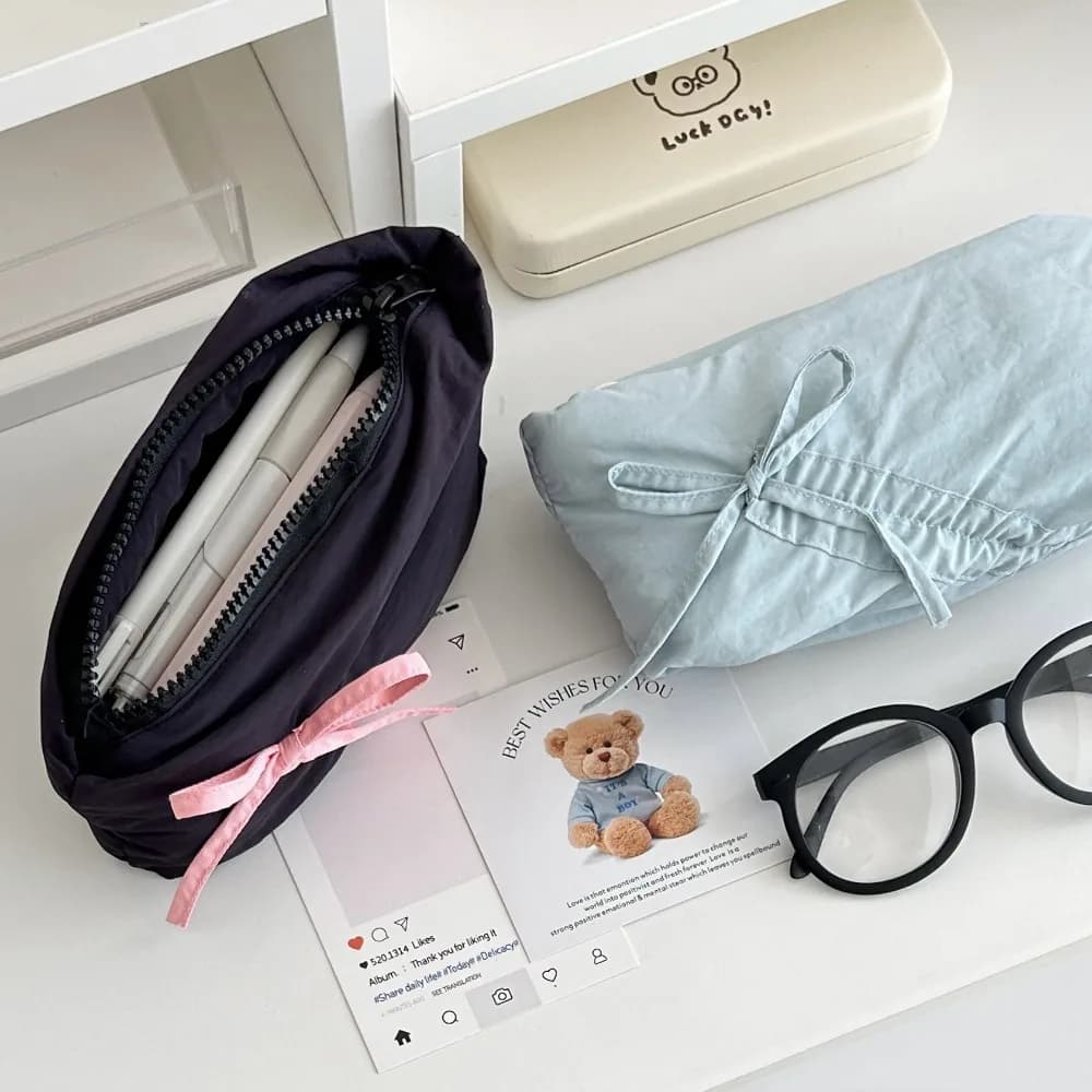 Nuovo astuccio portapenne grande con fiocco, tinta unita, con cerniera, borsa portaoggetti per cancelleria, graziosa borsa porta rossetto con fiocco, per studenti