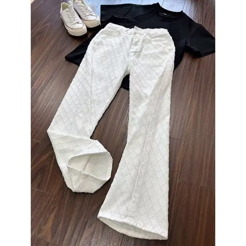 Jeans Slimming a Vita Alta e Gamba Larga da Donna, Stile Primavera 2025, con Ricamo Floreale Piccolo Profumo e Griglia a Diamanti, Gamba Dritta