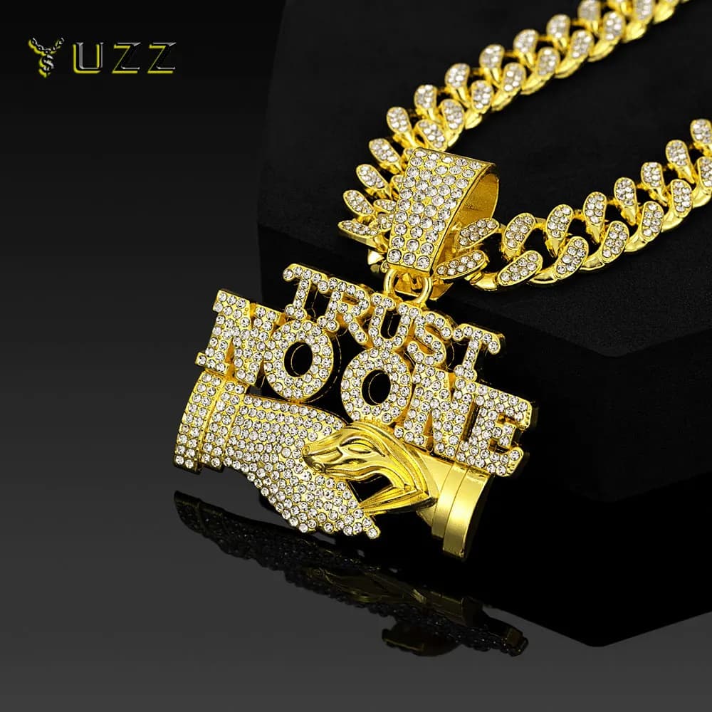 Men's Hip Hop Trust NO One Letters Pendant Necklace with 13mm Cuban Chain Ice Crystal Sparkling Handshake Necklace Jewelry Gifts